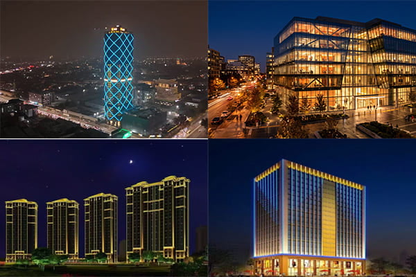 A collage showing four different glass buildings, each with a different lighting strategy.